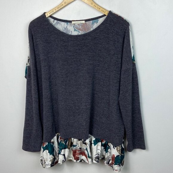 Entro Floral Long Sleeve Velvet Back Peplum Sweater Size Large Grey Top Bohemian - Picture 6 of 7